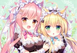  2girls ameto_yuki animal_ears apron blonde_hair blush breasts brown_eyes catgirl cleavage green_eyes long_hair maid original pink_hair scan twintails 