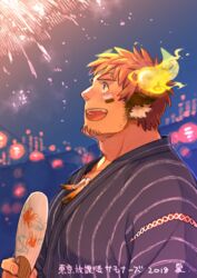  1boy alternate_costume animal_ears bara blush brown_hair eye_black facial_hair feathers festival fiery_horns fireworks forked_eyebrows from_side glowing_horns goatee hand_fan horns japanese_clothes jewelry kimono kuro_nezumi_inu male_focus necklace open_mouth pectorals short_hair smile solo thick_eyebrows tokyo_afterschool_summoners upper_body wakan_tanka yukata 