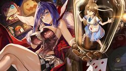  2girls ahoge alice_(alice_in_wonderland) alice_(alice_in_wonderland)_(cosplay) alice_in_wonderland alternate_costume apron bare_legs blood blood_on_clothes blue_dress blue_eyes blue_gemstone blue_hair bodice breasts brown_eyes brown_gloves brown_hair card ceres_fauna checkered_clothes choker club_(shape) commentary cosplay crown diamond_(shape) dollrys_(irys) dress english_commentary evil_grin evil_smile feather_hair_ornament feathers foreshortening fur_collar gem giraffe_fauna gloves grin hair_intakes hair_ornament hair_ribbon hakos_baelz halloween halloween_baelz halloween_costume heart heart_choker highres hololive hololive_english irys_(hololive) jack-o&#039;-lantern jar large_breasts lens_flare long_hair looking_at_viewer mini_person minigirl miniskirt moai multicolored_hair multiple_girls nanashi_mumei oerba_yun_fang ouro_kronii parted_lips playing_card queen_of_hearts_(alice_in_wonderland) queen_of_hearts_(alice_in_wonderland)_(cosplay) ribbon santafe99 short_hair skirt smile spade_(shape) streaked_hair throne trapped very_long_hair virtual_youtuber wing_collar 