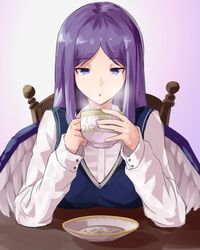  1other :o angel bad_id bad_twitter_id blowing blue_dress blue_eyes blue_hair chair coffee_mug commentary_request cup dress highres kamiya_ueshi long_hair long_sleeves mug multiple_wings pinafore_dress sariel_(touhou) saucer seraph shirt sitting sleeveless sleeveless_dress solo steam touhou touhou_(pc-98) upper_body very_long_hair white_shirt wings wooden_chair 