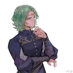  1boy alzi_xiaomi aqua_eyes aqua_hair beard buttons circlet closed_mouth collar commentary_request eyebrows facial_hair fire_emblem fire_emblem:_three_houses from_side garreg_mach_monastery_uniform green_eyes green_hair jewelry long_sleeves looking_away male_focus medium_hair seteth_(fire_emblem) signature simple_background solo standing uniform upper_body white_background 