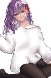  bare_shoulders black_pantyhose breasts fate/stay_night fate_(series) feet_out_of_frame female fur_sweater hair_between_eyes hair_ribbon head_tilt highres light_smile long_hair looking_at_viewer matou_sakura off-shoulder_shirt off_shoulder pantyhose purple_eyes purple_hair red_ribbon ribbon shimatori_(sanyyyy) shirt simple_background sitting solo white_background 