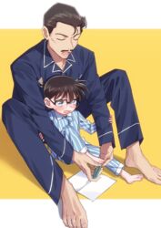  2boys applying_pedicure arm_grab barefoot black-framed_eyewear black_hair blue_eyes blue_pajamas blush brown_hair clipping_toenails closed_eyes collarbone commentary_request edogawa_conan facial_hair fingernails glasses height_difference highres holding_another&#039;s_foot k_(gear_labo) leg_up lolicon long_sleeves lower_teeth_only male_focus meitantei_conan mouri_kogoro moustache multiple_boys nail_clippers open_mouth pajamas paper short_hair sitting striped_clothes striped_pajamas sweatdrop teeth toenails toes two-tone_background white_background yellow_background 