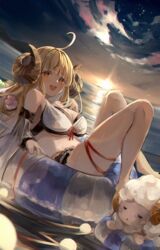  absurdres ahoge anila_(granblue_fantasy) anila_(summer)_(granblue_fantasy) backlighting barefoot bikini black_ribbon blonde_hair breasts cloud commentary detached_sleeves draph female flower gradient_sky granblue_fantasy hair_flower hair_ornament highres horns innertube knees_up large_breasts long_hair looking_at_viewer ocean open_mouth outdoors pink_flower ribbon ribbon-trimmed_bikini sheep sheep_horns shiro_wa_(shiroshironix) short_eyebrows sky smile sunset swim_ring swimsuit teeth thick_eyebrows thighs upper_teeth_only white_bikini white_sleeves wide_sleeves yellow_eyes 