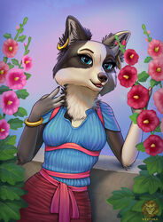  anthro black_body black_fur blue_eyes border_collie bottomwear bracelet canid canine canis claws clothed clothing collie detailed_background domestic_dog dress ear_piercing ear_ring evening exposure_variation female flower fur gold_(metal) herding_dog hi_res inner_ear_fluff jewelry looking_at_viewer mammal neck_tuft pastoral_dog piercing pinup plant pose ribbons ring_piercing sheepdog skirt smile smiling_at_viewer solo tuft vestina white_body white_fur 