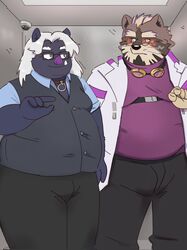  anthro black_body black_fur brown_body brown_fur clothing coat collar duo elevator eyewear flirting fur glasses goggles hair hi_res jamiephut lab_coat lifewonders live_a_hero male male/male mammal overweight overweight_male procyonid raccoon snoboar_(character) suid suina sus_(pig) topwear vest viscunam white_hair wild_boar 