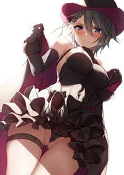  ange_(princess_principal) ass_visible_through_thighs black_cape black_dress black_gloves black_panties blue_eyes blush braid breasts cape dress dutch_angle elbow_gloves female gloves grey_hair hands_up hat holding holding_cape holding_clothes looking_at_viewer medium_breasts panties princess_principal short_hair simple_background solo sweat thigh_strap top_hat underwear white_background xe_(execut3r) 