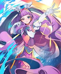  absurdres blue_eyes commentary_request cure_majesty dress elbow_gloves ellee-chan female gloves hair_ornament highres hirogaru_sky!_precure long_hair looking_at_viewer magical_girl precure purple_dress purple_hair smug solo standing very_long_hair white_gloves wing_hair_ornament yuutarou_(fukiiincho) 