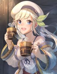  :d bare_shoulders belt beret blonde_hair blue_eyes bow breasts collarbone commentary_request cucouroux_(granblue_fantasy) cup detached_sleeves dress female gold_trim granblue_fantasy hair_ribbon hairbow hat holding holding_cup indoors long_hair looking_at_viewer medium_breasts open_mouth panda_inu patch red_belt ribbon skirt smile solo twintails white_dress white_hat white_skirt wide_sleeves 