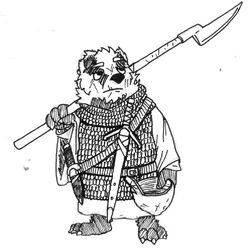  2016 3_toes 4_fingers anthro armor badger baldric barefoot belt black_and_white black_feet black_hands black_nose black_scabbard celt chainmail cheek_tuft claws clothing coif dagger eyebrows facial_markings facial_scar facial_stripes facial_tuft feet finger_claws fingers gallowglass half-closed_eyes head_markings headgear headwear helm_(armor) helmet holding_armor holding_clothing holding_headgear holding_headwear holding_helmet holding_melee_weapon holding_object holding_polearm holding_weapon kern_axe labjer male mammal markings medieval melee_weapon mercenary monochrome mustelid musteline narrowed_eyes neck_tuft notched_ear plantigrade polearm scabbard scar scottish scruffy sheathed_dagger sheathed_sword sheathed_weapon simple_background solo striped_face stripes sword toe_claws toes traditional_media_(artwork) tuft warrior weapon white_background white_eyebrows white_scabbard 