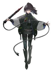  belt black_hair black_jacket blood blood_on_weapon female fingernails full_body green_eyes holding holding_weapon holding_whip jacket jewelry long_hair mgg_(x_arte) original patch ponytail ring shorts snake solo spikes standing thumb_ring transparent_background weapon whip 