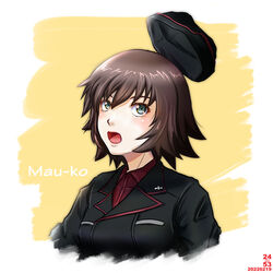  artist_name black_jacket brown_hair dated dress_shirt female garrison_cap girls_und_panzer green_eyes hat hat_loss hida_ema insignia jacket kuromorimine_military_uniform long_sleeves military_hat nishi_itsumi red_shirt shirt short_hair solo surprised upper_body wing_collar 