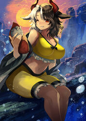  absurdres animal_ears animal_print black_hair breasts cow_ears cow_girl cow_horns cow_print crop_top female grey_hair haori highres horns japanese_clothes large_breasts multicolored_hair one_eye_closed red_horns red_tail shorts solo split-color_hair tank_top teo_(telo_ruka) touhou two-tone_hair underwater ushizaki_urumi yellow_shorts yellow_tank_top 