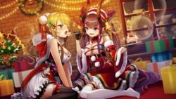  2girls ;o alternate_costume bell blonde_hair breasts cake christmas christmas_ornaments cleavage dielle feeding food hair_bell hair_ornament highres holly horns long_hair multiple_girls official_art one_eye_closed purple_eyes raspi sitting thighhighs underboob valkyrie_connect white_legwear 