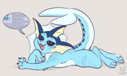  2021 ambiguous_gender blue_body blue_fur claws copypasta cute_fangs digital_drawing_(artwork) digital_media_(artwork) digitigrade eeveelution english_text fangs feral fin finger_claws fur generation_1_pokemon grey_background hi_res looking_at_viewer lying meme nintendo on_front open_mouth open_smile phallusbro pokemon pokemon_(species) quadruped raised_tail simple_background smile solo sploot tail tail_fin teeth text toe_claws vaporeon vaporeon_copypasta 