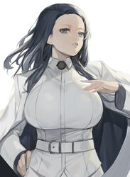  belt black_hair blue_eyes breasts commentary_request female formal highres invincible_dragon_(last_origin) jacket jacket_on_shoulders jam_(nandade) korean_commentary large_breasts last_origin long_hair looking_at_viewer military military_uniform simple_background solo suit uniform white_background 