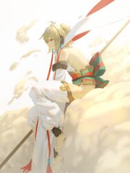  andira_(granblue_fantasy) animal_ears barefoot blonde_hair cloud detached_pants detached_sleeves erune female granblue_fantasy hagoromo hairband highres monkey_ears on_cloud red_eyes shawl sitting solo staff wasabi60 