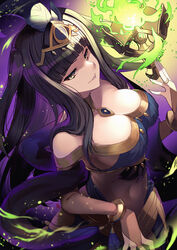  alternate_costume arabian_clothes bare_shoulders black_eyes black_hair blunt_bangs bodystocking bracelet breasts bridal_gauntlets cleavage collarbone commentary_request covered_navel feather_hair_ornament feathers female fire fire_emblem fire_emblem_awakening fire_emblem_heroes floating floating_hair floating_object green_fire hair_ornament highres jewelry large_breasts lips lipstick long_hair looking_at_viewer magic makeup nakabayashi_zun navel necklace off_shoulder official_alternate_costume parted_lips shawl signature skin_tight smile solo stomach taut_clothes teeth tharja_(fire_emblem) tharja_(plegian)_(fire_emblem) tiara two_side_up 