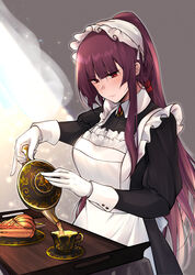  absurdres alternate_costume apron black_dress blunt_bangs blush breasts brooch closed_mouth collared_dress commentary_request cup dress drink enmaided female food girls&#039;_frontline gloves highres jewelry light_rays long_hair long_sleeves looking_down maid maid_apron maid_headdress medium_breasts pie pouring puffy_sleeves purple_hair red_eyes solo standing stigmamyu sunbeam sunlight table tea teacup teapot tray wa2000_(girls&#039;_frontline) white_apron white_gloves 