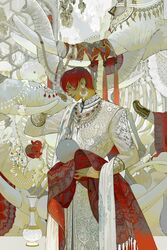  1boy animal commentary cowboy_shot earrings elephant english_commentary highres jewelry limited_palette long_sleeves male_focus necklace original profile red_hair red_theme short_hair skull solo tusks vase white_nails white_theme xiaoquandianer 