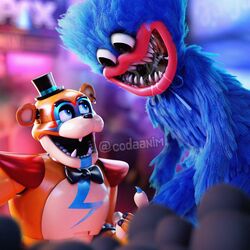  1:1 2023 3d_(artwork) :d absurd_res animate_inanimate animatronic anthro bear big_mouth_(anatomy) black_eyes black_nose blender_(artwork) blue_body blue_claws blue_eyes blue_fur blurred_background blurred_character blurred_foreground bodily_fluids bodypaint bow_tie bracelet claws clothing coda codaanim crossover crowd detailed digital_media_(artwork) drooling duo duo_focus ear_piercing ear_ring earless english_text eye_contact face_paint fangs five_nights_at_freddy&#039;s five_nights_at_freddy&#039;s:_security_breach fur furred_monster glamrock_freddy group happy hat headgear headwear hi_res huggy_wuggy inside jewelry lips looking_at_another looking_down looking_up machine male mammal mob_entertainment monster multicolored_body multicolored_ears noseless nude nude_male o_o open_mouth orange_body pax_(gaming_festival) piercing poppy_playtime red_lips ring_piercing robot rockstar round_ears round_eyes saliva scottgames shadow sharp_teeth short_anthro short_male shoulder_guards signature size_difference smile smiling_at_another smiling_at_each_other spiked_bracelet spikes standing steel_wool_studios tan_body teeth text thick_lips top_hat toy watermark wide_eyed wuggy_(poppy_playtime) 