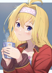  ahoge blonde_hair blue_eyes blue_shirt blush bow closed_mouth commentary_request cup female granblue_fantasy hair_intakes hairband hands_up highres holding holding_cup jacket jeanne_d&#039;arc_(granblue_fantasy) long_hair long_sleeves mug open_clothes open_jacket pink_bow red_jacket shirt smile solo steam uneg upper_body white_hairband 