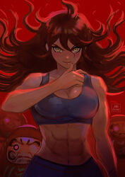  abs alternate_costume arm_at_side artist_name blue_sports_bra breasts brown_hair cleavage closed_mouth collarbone commentary danganronpa_(series) danganronpa_2:_goodbye_despair dark_skin daruma_doll female finger_to_mouth floating_hair hair_between_eyes hand_up large_breasts lips long_hair looking_at_viewer messy_hair midriff missarilicious muscular muscular_female navel owari_akane red_background shiny_skin simple_background smile solo sports_bra tank_top thumb_to_mouth toned upper_body 