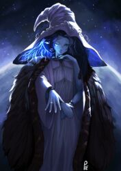  absurdres blue_hair blue_skin cloak closed_mouth colored_skin dress elden_ring extra_arms extra_faces female full_moon fur_cloak hat highres jewelry long_dress long_hair long_sleeves looking_at_viewer moon one_eye_closed ranni_the_witch reaching reaching_towards_viewer ring sky smile solo spoilers star_(sky) starry_sky unusualpie white_dress wide_sleeves witch_hat 