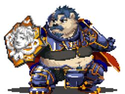  4:3 aegis_(crave_saga) alpha_channel anthro bear belly blue_hair cape clothing crave_saga digital_media_(artwork) facial_hair fur hair male mammal mature_male moustache nanadragon4 navel overweight overweight_male pixel_(artwork) polar_bear shield solo sprite sprite_art ursine white_body white_fur 