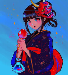  alternate_hairstyle artist_name black_hair black_kimono blunt_bangs blush brown_hair candy_apple commentary danganronpa_(series) danganronpa_v3:_killing_harmony fake_horns female fish food goldfish hands_up harukawa_maki holding horns japanese_clothes kimono looking_at_viewer mask mask_on_head missarilicious obi oni_mask open_mouth print_kimono red_eyes red_kimono sash short_hair solo sparkle transparent_bag upper_body wide_sleeves 