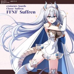  absurdres asymmetrical_sleeves azur_lane breasts cape character_name dated dress elbow_gloves female french_text gloves grey_eyes grey_hair hebitsukai-san highres horns large_breasts letterboxed long_hair looking_at_viewer open_mouth smile solo suffren_(azur_lane) tail translated twitter_username white_cape white_dress white_gloves 