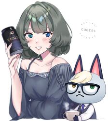  1boy animal_crossing animal_ears beer_can blue_necktie can cat_ears commentary_request cup drink_can feline female fingernails glasses green_eyes heterochromia idolmaster idolmaster_cinderella_girls kurashiki_(kas0) long_sleeves necktie raymond_(animal_crossing) shirt smile steam takagaki_kaede trait_connection vest white_shirt 