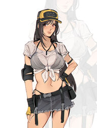  arm_strap baseball_cap belt bikini bikini_under_clothes black_belt black_bikini black_gloves black_hair black_hat breasts closed_mouth commentary cowboy_shot crop_top denim denim_skirt earrings elbow_pads english_commentary female final_fantasy final_fantasy_vii final_fantasy_vii_ever_crisis fingerless_gloves frayed_clothes frayed_skirt glint gloves grey_skirt hand_on_own_hip hand_on_own_thigh hat highleg highleg_bikini highres jewelry large_breasts long_hair looking_at_viewer midriff miniskirt navel official_alternate_costume pudelmudel red_eyes see-through see-through_shirt shirt short_sleeves side-tie_bikini_bottom single_earring single_elbow_pad single_sidelock skirt solo swimsuit teardrop_earrings tied_shirt tifa_lockhart tifa_lockhart_(lifeguard) two-tone_gloves two-tone_headwear white_shirt yellow_gloves yellow_hat 