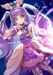  aqua_eyes commentary_request cure_majesty dress elbow_gloves ellee-chan eyelashes female gloves hair_ornament happy highres hirogaru_sky!_precure long_hair looking_at_viewer magical_girl piyopuni0521 precure purple_background purple_dress purple_hair smile solo standing thighhighs thighs very_long_hair white_gloves 