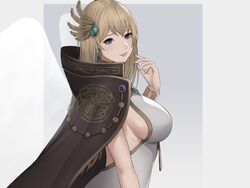  bad_id bad_twitter_id bare_shoulders beatrice_(lost_ark) blonde_hair blue_eyes breasts cape commentary earrings female fingernails from_side gold_trim hair_ornament hand_up highres jewelry kurone_rinka long_hair looking_at_viewer lost_ark medium_breasts parted_lips sideboob smile solo upper_body 