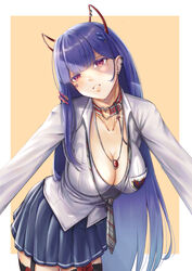  absurdres akuma_nihmune akuma_nihmune_(1st_costume) black_garter_straps black_necktie black_thighhighs blue_skirt blush breasts choker cleavage commentary demon_girl demon_horns ear_piercing facial_tattoo female garter_straps hair_ornament hairclip heart heart_choker heart_tattoo highres horns indie_virtual_youtuber jewelry large_breasts long_hair looking_at_viewer mole mole_under_eye necklace necktie piercing pink_eyes purple_hair red_choker school_uniform shirt skirt tattoo thighhighs virtual_youtuber white_shirt yiotaart 