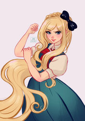  black_bow blonde_hair blue_eyes blush bow bowtie braid closed_mouth commentary cowboy_shot crown_braid danganronpa_(series) danganronpa_2:_goodbye_despair dress english_commentary female green_dress hairbow hand_up highres long_hair looking_at_viewer missarilicious puffy_short_sleeves puffy_sleeves red_bow red_bowtie short_sleeves simple_background smile solo sonia_nevermind swept_bangs very_long_hair white_background 