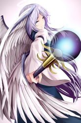  1other absurdres angel angel_wings bad_id bad_twitter_id blue_dress blue_eyes blue_hair blush closed_mouth commentary_request dress feathered_wings happy highres holding holding_staff juliet_sleeves kamiya_ueshi long_hair long_sleeves multiple_wings puffy_sleeves sariel_(touhou) seraph sleeve_garter smile solo staff touhou touhou_(pc-98) very_long_hair white_wings wide_sleeves wings 