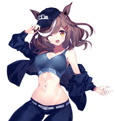  alternate_costume animal_ears belt blush boc&#039;z_(umamusume) breasts brown_hair cleavage collarbone commentary_request ears_through_headwear female hair_ornament hairclip hat highres horse_ears horse_girl jacket kuro_work looking_at_viewer matikane_tannhauser_(boc&#039;z)_(umamusume) matikane_tannhauser_(umamusume) medium_breasts medium_hair navel one_eye_closed open_mouth solo umamusume white_background yellow_eyes 