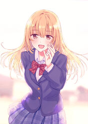  :d ao_ashi blazer blonde_hair blue_skirt blurry blurry_background bow brown_eyes female hand_up ichijou_hana jacket long_hair long_sleeves nagidango outdoors plaid plaid_bow plaid_skirt red_bow school_uniform skirt smile solo standing 