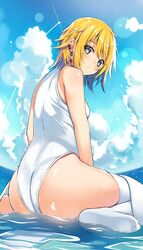  ass bare_arms bare_shoulders blonde_hair breasts cloud day ear_piercing earrings female glint grey_eyes highres jewelry kurebayashi_noe lens_flare looking_at_viewer looking_back medium_hair no_shoes one-piece_swimsuit original outdoors piercing sitting sky small_breasts solo sunlight swimsuit thighhighs towel wariza water white_one-piece_swimsuit white_thighhighs 