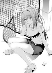  aozaki_aoko ball bottle drinking_straw female greyscale legs_together long_hair mahou_tsukai_no_yoru monochrome net nike ponytail shoes short_sleeves sidelocks sitting skirt sneakers socks solo sportswear takai_isshiki tennis_ball tennis_net tennis_uniform wristband 