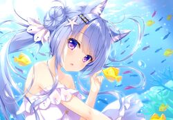  ameto_yuki animal animal_ears aqua_hair catgirl dress fish long_hair original purple_eyes scan underwater water 