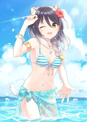  ;d animal_ear_fluff animal_ears bare_shoulders bikini black_hair blue_sarong blue_sky blush breasts cleavage cloud collarbone commentary_request cowboy_shot day female flower hair_between_eyes hair_flower hair_ornament hand_on_own_head hand_up long_hair looking_at_viewer multicolored_hair navel ocean one_eye_closed open_mouth outdoors partially_submerged princess_connect! sarong shiori_(princess_connect!) sky small_breasts smile solo striped_bikini striped_clothes swimsuit tail tiger_ears tiger_girl tiger_tail water white_hair yazi114 yellow_eyes 