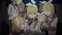  6+girls arm_warmers bare_shoulders black_background blonde_hair blue_eyes blurry blurry_background bow bow_hairband character_doll clenched_teeth clone collared_shirt commentary crop_top doll faceless faceless_female grey_sailor_collar gun gun_to_head hair_ornament hairband hairbow hairclip half-closed_eyes highres holding holding_doll holding_gun holding_weapon kagamine_rin looking_at_another looking_at_viewer multiple_girls multiple_persona neckerchief open_mouth sailor_collar shirt sideways_glance sleeveless sleeveless_shirt smile solid_oval_eyes sweat sweatdrop swept_bangs teeth vocaloid weapon white_bow white_shirt wounds404 yellow_neckerchief 