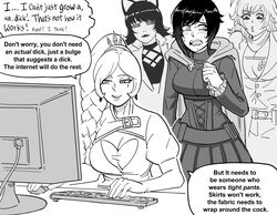  4girls absurdres animal_ears bb_(baalbuddy) blake_belladonna blush braid braided_ponytail cat_doesn&#039;t_like_banana_(meme) cat_ears computer computer_keyboard english_commentary english_text greyscale highres meme meta monitor monochrome multiple_girls pleated_skirt ruby_rose rwby shrug_(clothing) side_ponytail simple_background sitting skirt speech_bubble swept_bangs table weiss_schnee white_background yang_xiao_long 