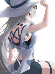  arknights arm_up bikini bikini_top_only bikini_under_clothes black_bikini black_choker black_shorts breasts choker eyewear_on_head female from_behind grey_hair hand_on_headwear hat highres long_hair looking_at_viewer looking_back medium_breasts shorts signature simple_background sitting skadi_(arknights) skadi_(waverider)_(arknights) solo sunglasses swimsuit thigh_strap velephyr very_long_hair white_background white_hat 