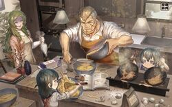  2boys 2girls aged_down alternate_costume apron blue_eyes blue_hair book bowl brown_eyes brown_hair byleth_(female)_(fire_emblem) byleth_(fire_emblem) byleth_(male)_(fire_emblem) closed_eyes commentary contemporary cooking cup egg family father_and_daughter father_and_son fire_emblem fire_emblem:_three_houses frying_pan green_hair highres holding husband_and_wife jeralt_reus_eisner korokoro_daigorou long_hair long_sleeves measuring_cup milk_carton mother_and_daughter mother_and_son multiple_boys multiple_girls open_book open_mouth plant plate potted_plant scar scar_on_face sink sitri_(fire_emblem) sleeves_rolled_up whisk window 