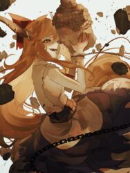  belt blue_skirt bow chains female fingernails from_side hair_between_eyes hairbow highres holding ibuki_suika long_hair lower_teeth naufaldreamer open_mouth orange_eyes orange_hair red_bow sharp_fingernails sharp_teeth shirt skirt sleeveless sleeveless_shirt solo statue teeth touhou upper_teeth very_long_hair white_shirt wrist_cuffs 