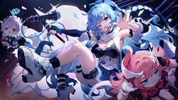  3girls armpits asc11 asymmetrical_gloves bare_shoulders black_gloves blue_eyes blue_hair braid breasts chibi chinese_commentary cleavage closed_mouth commentary_request gloves hair_ornament highres holding holding_microphone_stand honkai_(series) honkai_impact_3rd horns long_hair looking_at_viewer mechanical_tail microphone microphone_stand mismatched_gloves multiple_girls one_eye_closed open_mouth pink_hair ponytail prometheus_(honkai_impact) rozaliya_olenyeva shigure_kira single_horn single_thighhigh smile tail thighhighs white_footwear 